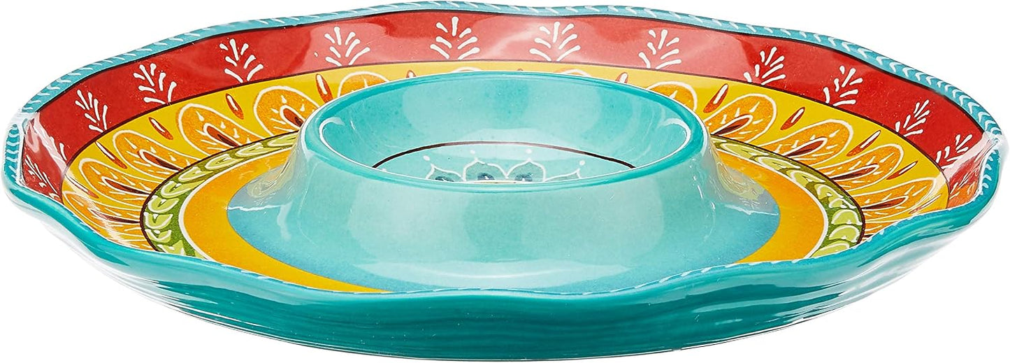 Valencia 13.25" Ceramic Chip & Dip Platter – Colorful Mediterranean Serving Dish with Built-In Center Bowl, Glazed Ceramic Appetizer Tray for Entertaining, Fiesta & Everyday Use