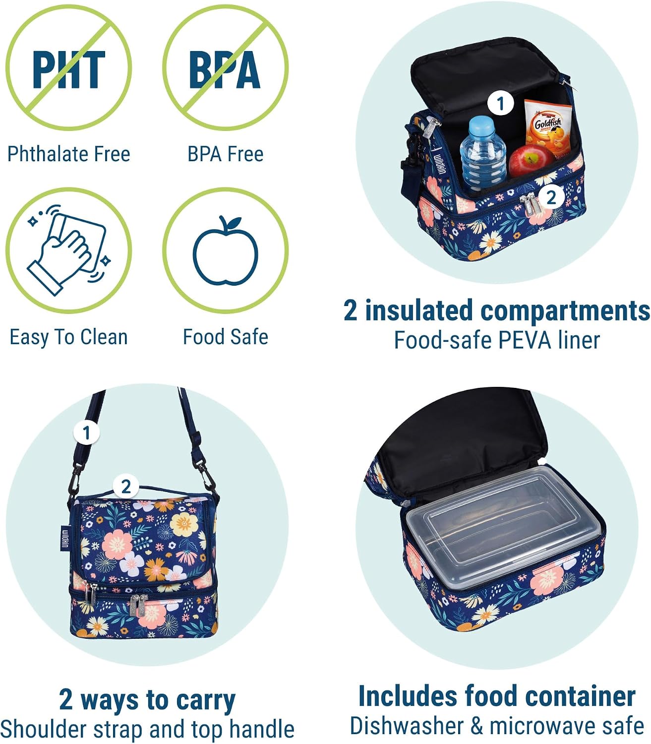 Wildkin Kids Two Compartment Insulated Lunch Bag – Keeps Food Hot or Cold, Easy-Clean Lining, Leak-Resistant & BPA-Free – Boys & Girls, Ideal for School, Travel & Daycare – Jurassic Dinosaurs