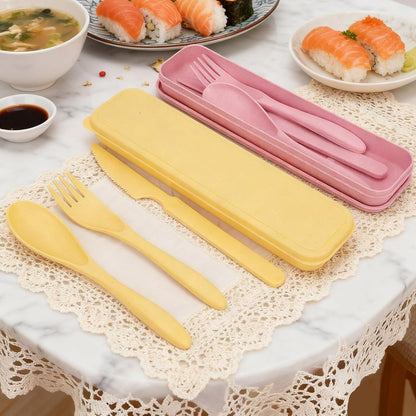 2 Sets Reusable Utensil Set with Case, Portable Camping Fork Knife Spoon Set, Wheat Straw Travel Utensils for Lunch Box, for School Work Lunch or Daily Use (Green, Blue)