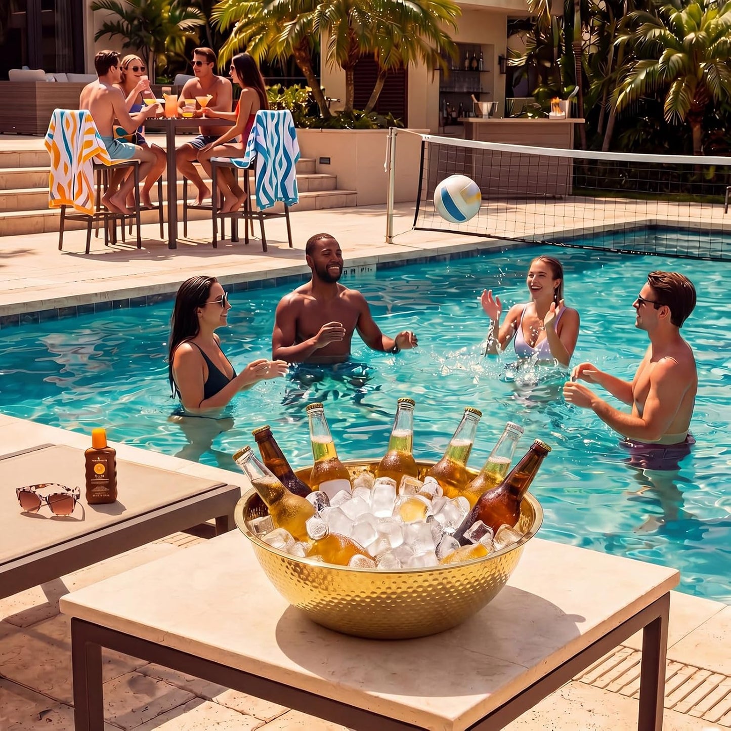 2 Pcs Large Gold Hammered Stainless Steel Beverage Tub 15.35x5.12 Inch, 16.4 Qt Leak-proof Ice Bucket for Parties, Champagne Wine Chiller Bowl, Luxury Drink Cooler for Wedding, Mimosa Bar
