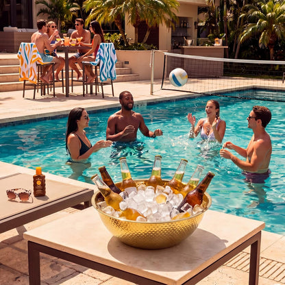 2 Pcs Large Gold Hammered Stainless Steel Beverage Tub 15.35x5.12 Inch, 16.4 Qt Leak-proof Ice Bucket for Parties, Champagne Wine Chiller Bowl, Luxury Drink Cooler for Wedding, Mimosa Bar