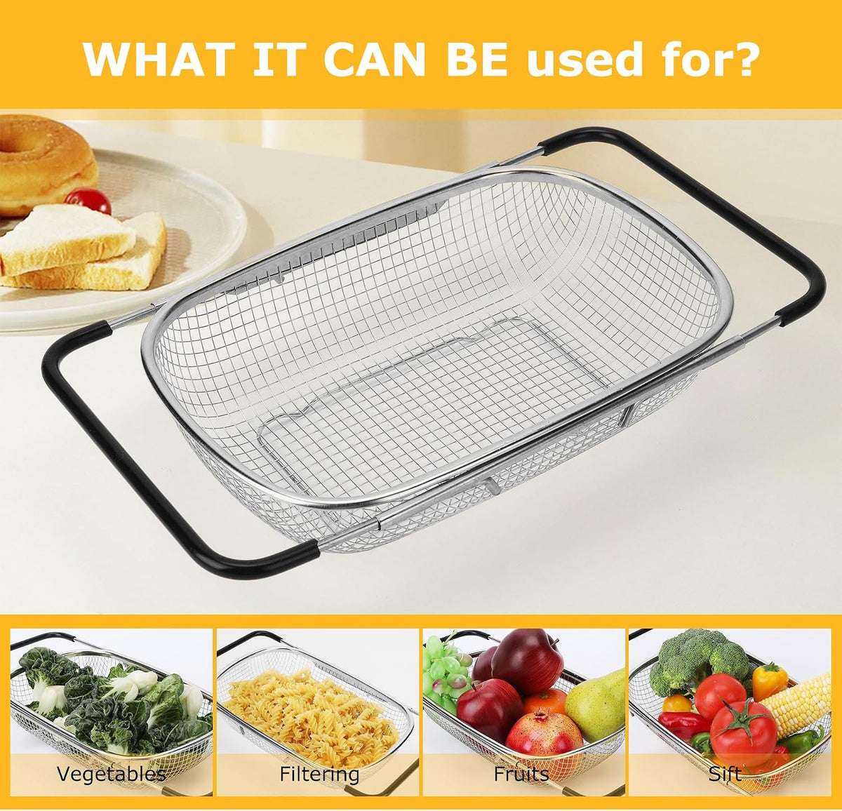 ZDRongZhen Kitchen Accessories Over the Sink Colander Strainer Basket，Stainless Steel Colander with Expandable Rubber Grip Sink Drainer-Rinse Vegetables Fruits &Strain&Drain (Large-Fine mesh)