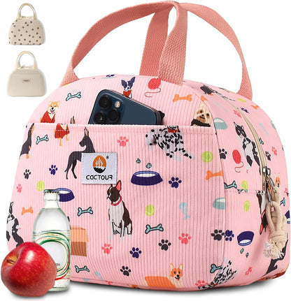 CaCTOUR Lunch Box for Women Girls Teens,Cute Lunch Box Cooler Bag, Portable Insulated Small Lunch Bag Women Reusable Corduroy Lunch Tote for Work/Travel/Picnic/School (Dog Green,Small)