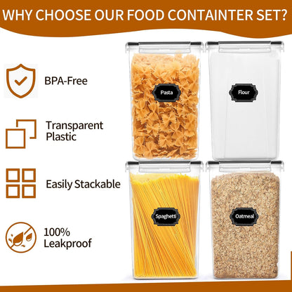 HKJ Chef 4 Pack Large Airtight Food Storage Containers with Lids (5.2L / 176oz), BPA Free Plastic Kitchen and Pantry Organization Contianers for Cereal Flour and Sugar Storage, Labels & Marker