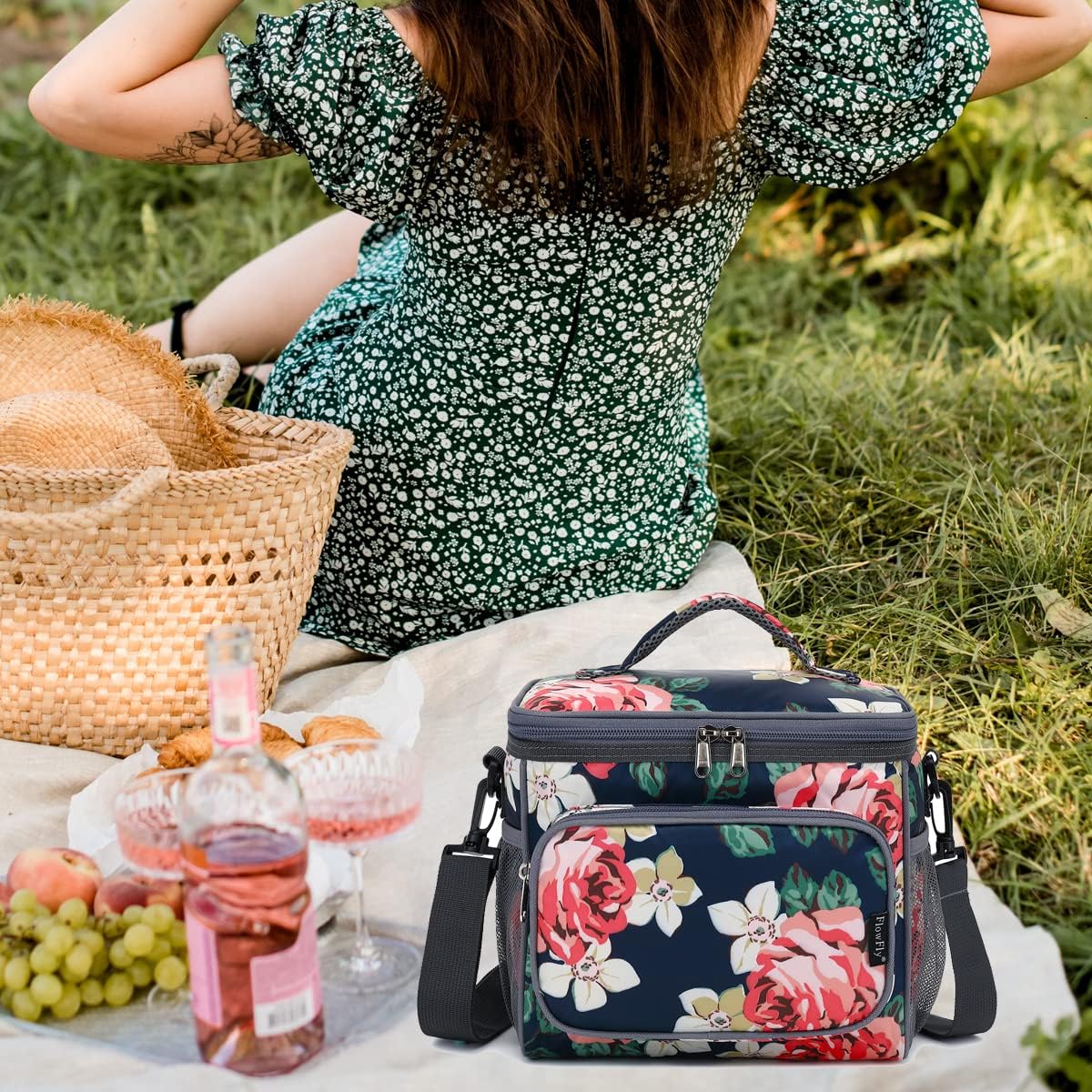 FlowFly Insulated Reusable Lunch Bag Adult Large Lunch Box for Women and Men with Adjustable Shoulder Strap,Front Zipper Pocket and Dual Large Mesh Side Pockets,Cherry - Colors B