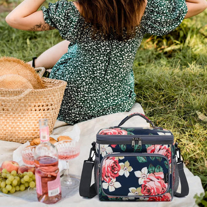 FlowFly Insulated Reusable Lunch Bag Adult Large Lunch Box for Women and Men with Adjustable Shoulder Strap,Front Zipper Pocket and Dual Large Mesh Side Pockets,Cherry - Colors B