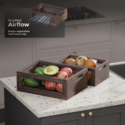 Set of 3 Wooden Nesting Countertop Baskets, Rustic Wood Storage Crates with Handles for Kitchen, Pantry, Bathroom, Fruit, Vegetables, Bread