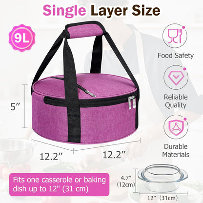 Round Insulated Casserole Carrier – 12" Portable Pie Carrier Bag for Hot or Cold Food, Leakproof Thermal Lunch Tote with Handle for Parties Picnic & Travel - Grey