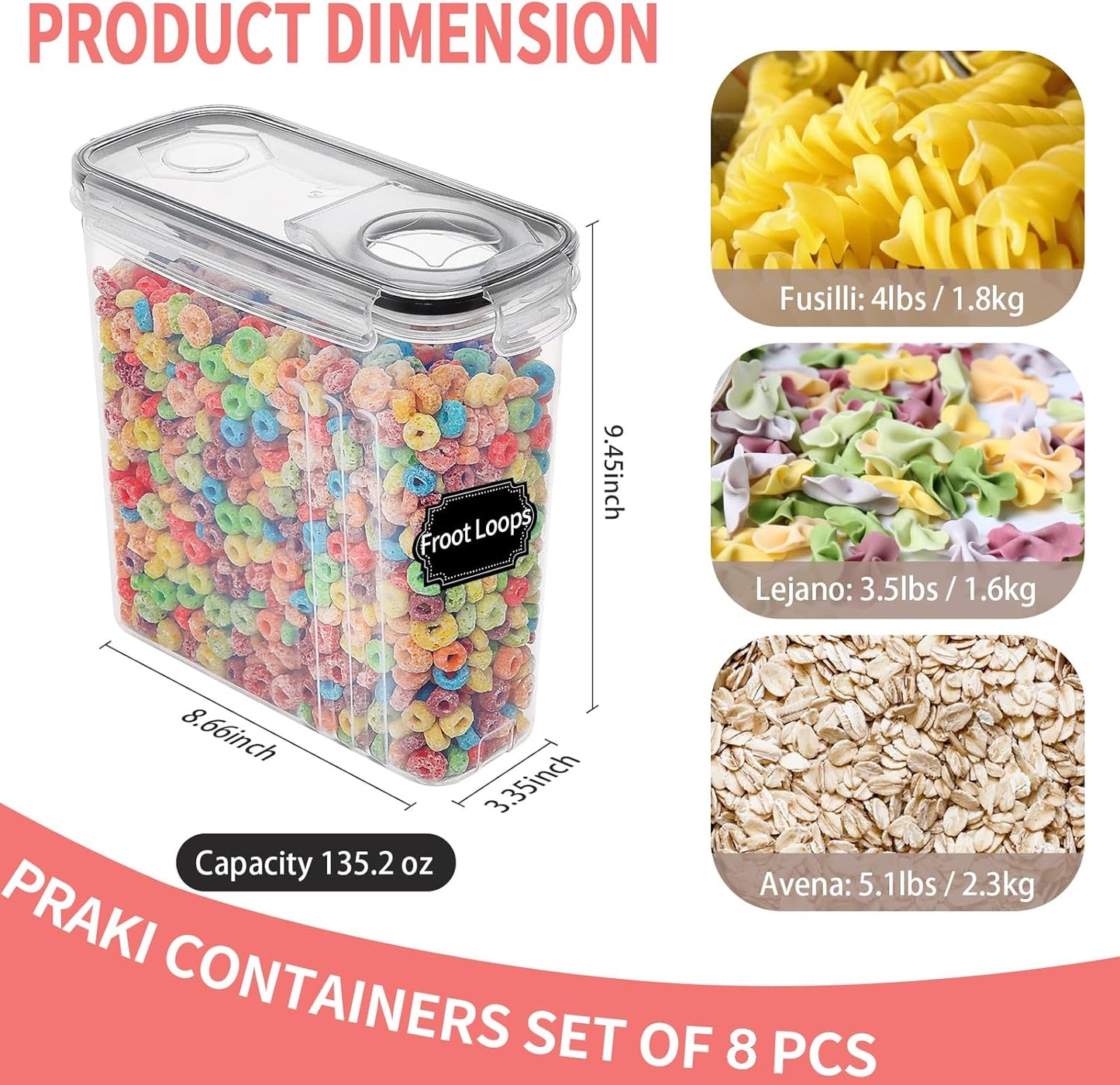 PRAKI Cereal Containers Storage Set (4L,135.2 Oz), 8PCS Airtight Food Storage Containers with Lids for Kitchen & Pantry Organizers and Storage, Cereal Dispensers with 20 labels, Measuring Cup & Marker