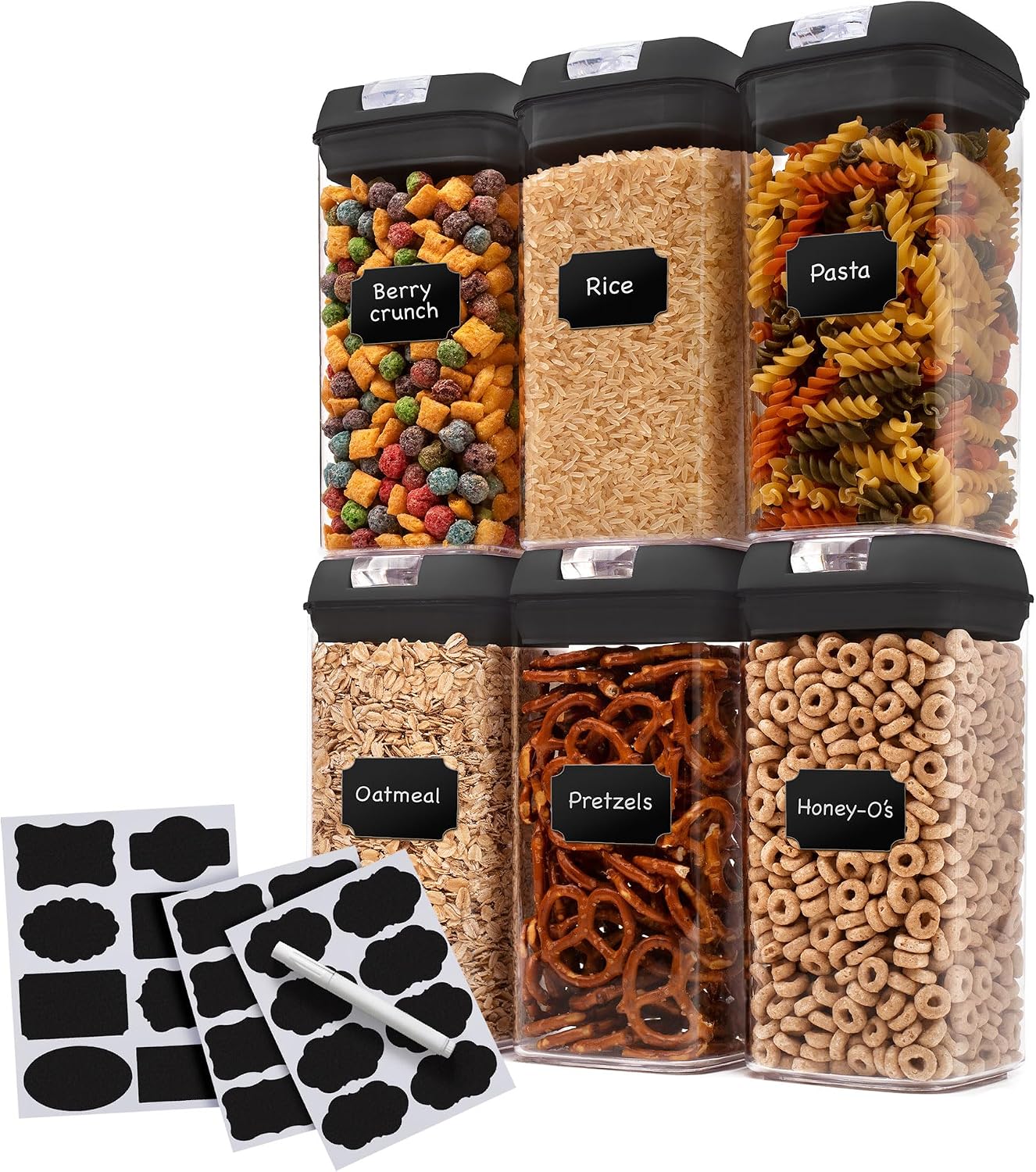Set of 6 Airtight Food Storage Containers - Pantry Organizer Bins, BPA Free Plastic Containers plus Dry Erase Marker and Labels, Pink