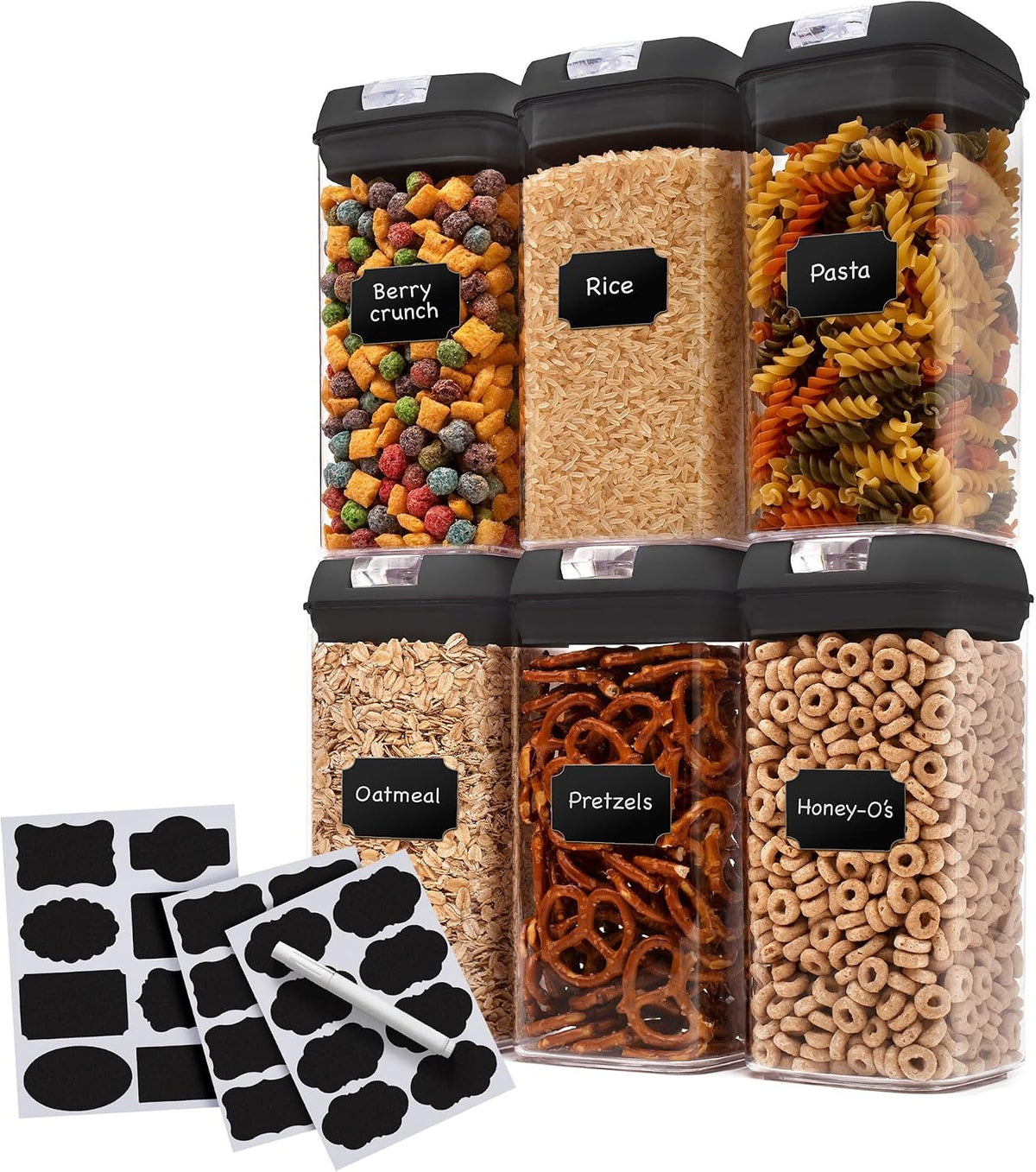 Set of 6 Airtight Food Storage Containers - Pantry Organizer Bins, BPA Free Plastic Containers plus Dry Erase Marker and Labels, Pink