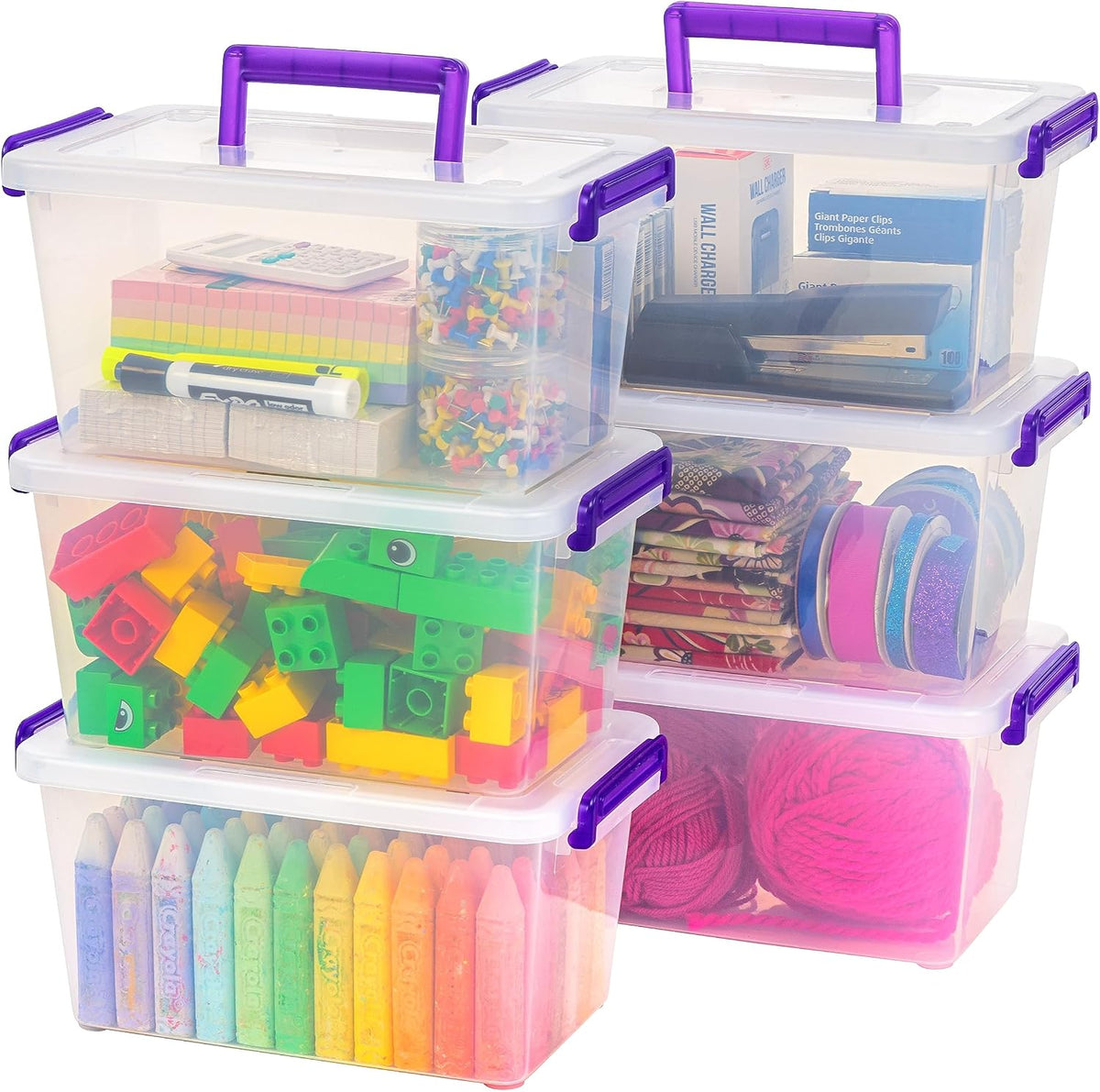 IRIS USA 5 Qt. Plastic Craft Storage Container Bins with Lids, 6 Pack, Small Art & Office Supply Organizer Tote, Sensory Bins & Boxes for Home & University, Stackable, Carry Handle, Clear