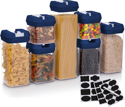 Set of 7 Airtight Food Storage Containers - Pantry Organizer Bins, BPA Free Plastic Containers plus Dry Erase Marker and Labels, White