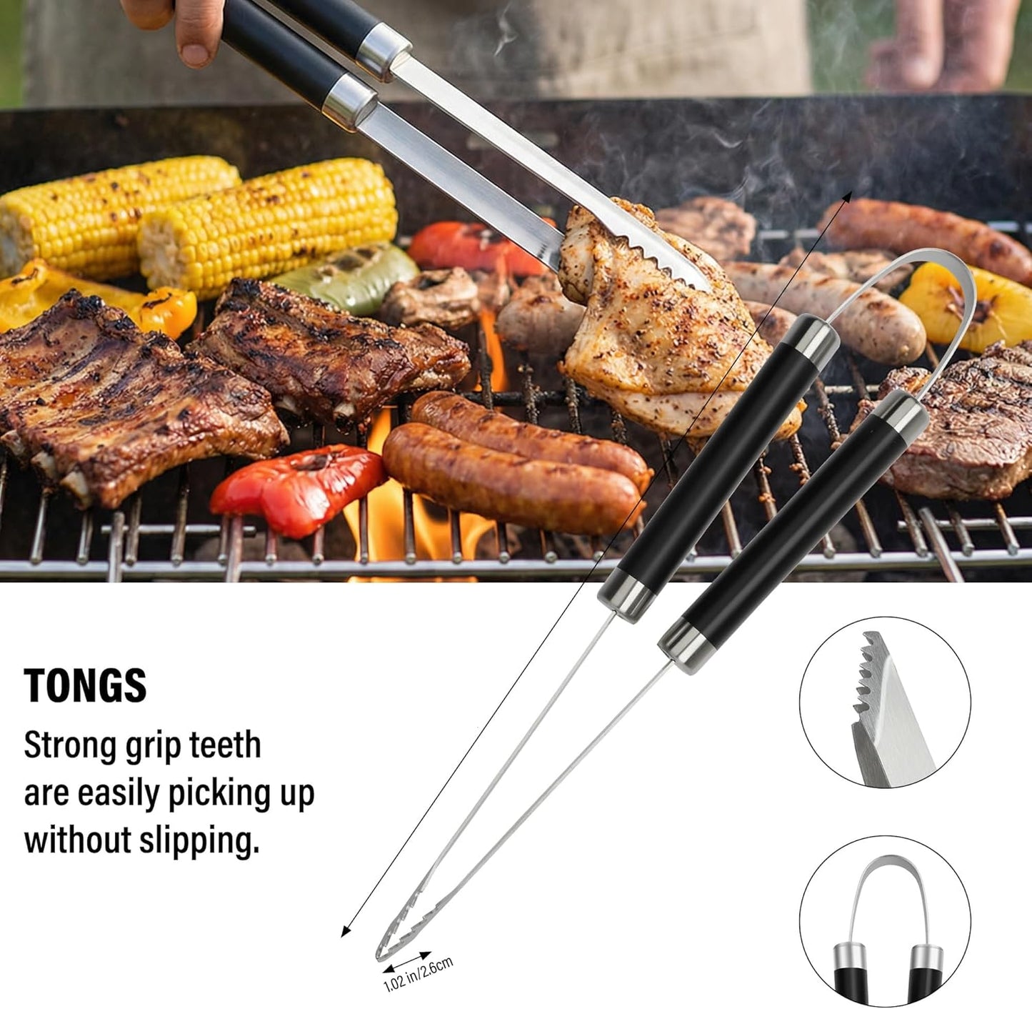 Yekale BBQ Grill Accessories Set, Grill Tools Grilling Accessories Grilling Gifts for Men - Spatula, Fork, Brush, Tongs & Cleaning Brush - Outdoor Barbecue Utensils Gifts for Men Dad Him (Sliver)