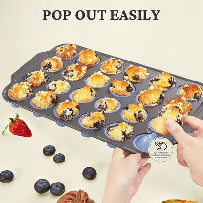 BRONYPRO Silicone Muffin Pans for Baking with Metal Frame, Egg Bite Molds, Cupcake Pans 12 Regular Size, Muffin Tins Easy to Pop Nonstick Non Toxic Bakeware for Oven,Blue