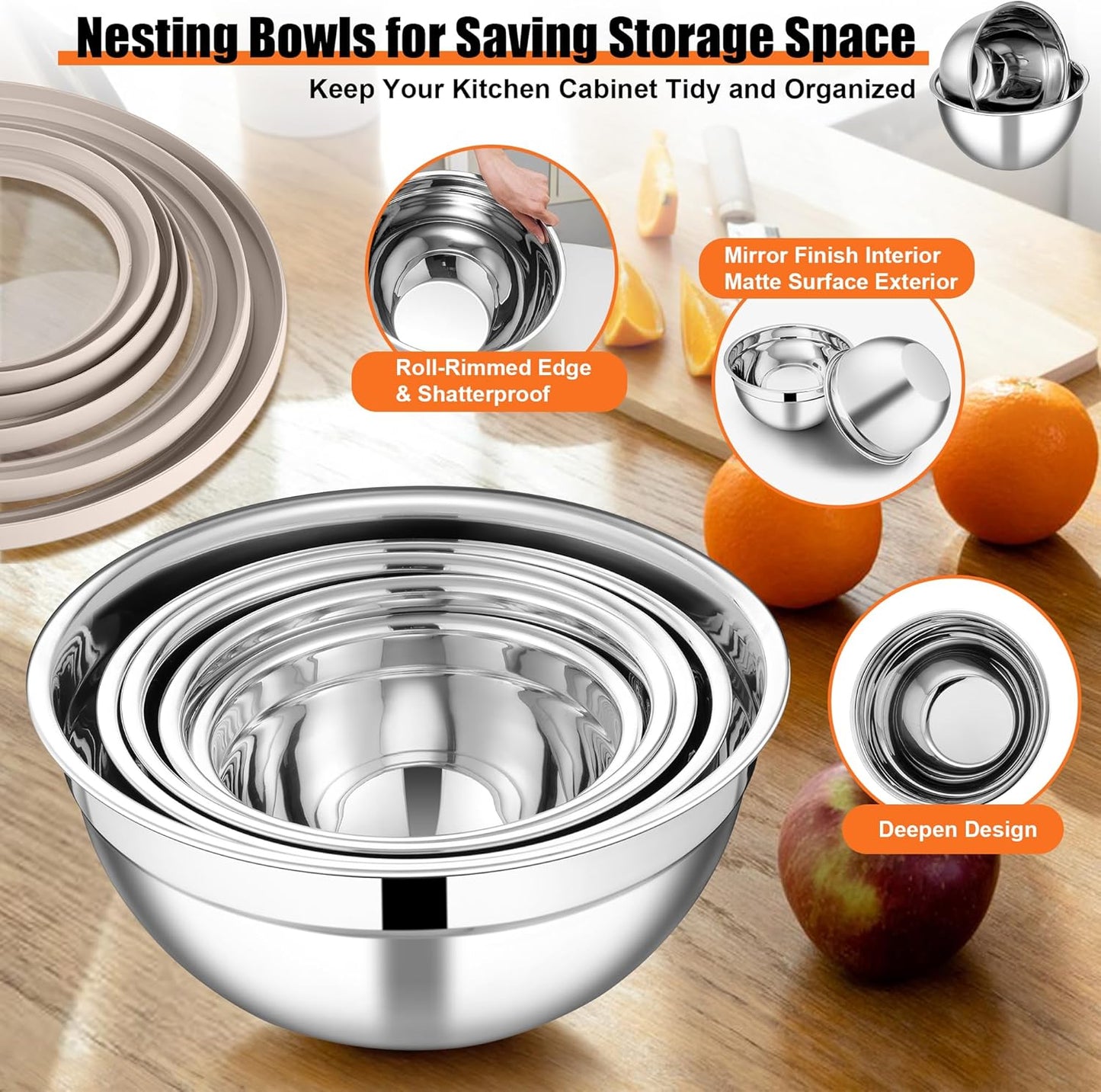 E-far Mixing Bowls Set of 5, Stainless Steel Salad Mixing Bowl with Transparent Lid, Metal Nesting Bowl Attach with 3 Graters for Kitchen Prepping/Serving/Baking/Storage, 4.6/2.6/1.5/1/0.7 QT - Black