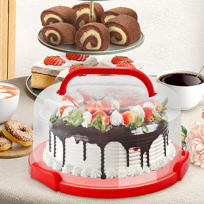 10 Inch Portable Cake Stand Carrier Holder with Lid and Handle Round Cake Storage Containers Cupcake Plastic Cake Cover Holder for Transport Red