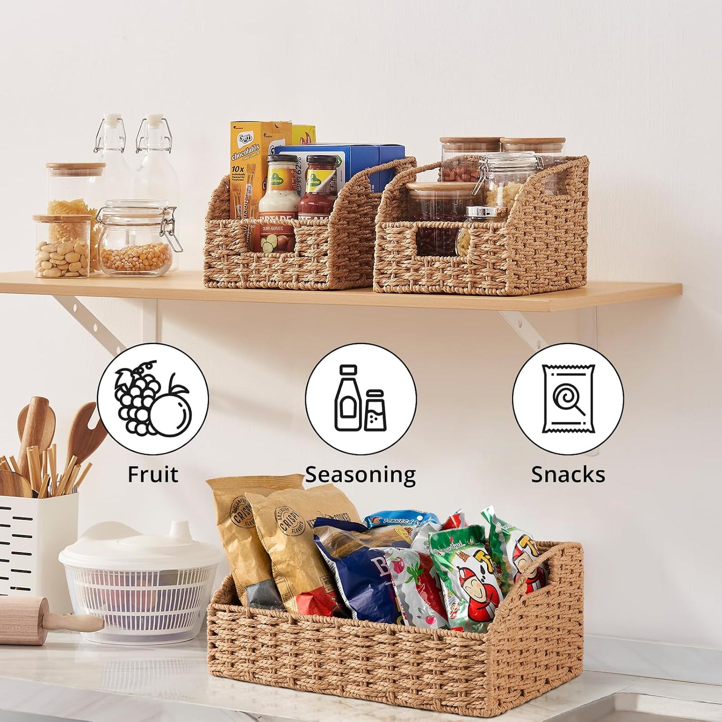 OIAHOMY Pantry Baskets for Organizing, Paper Rope Baskets with Built-in Handles, Wicker Storage Bins for Shelves, 2 Pack-Yellow