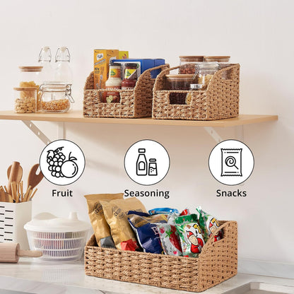 OIAHOMY Pantry Baskets for Organizing, Paper Rope Baskets with Built-in Handles, Wicker Storage Bins for Shelves, 2 Pack-Yellow