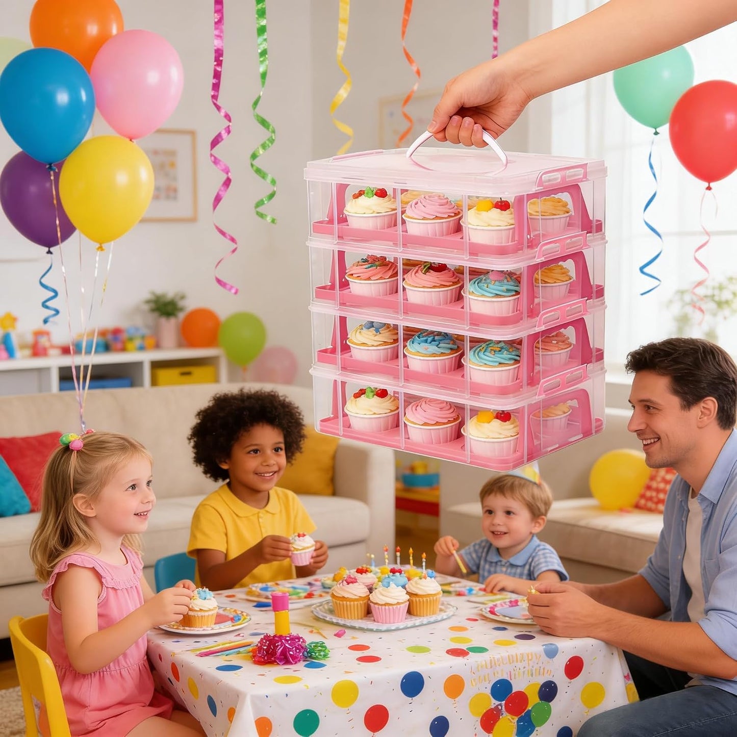 Cupcake Carrier Stackable Storage Container Collapsible Cake Carrier with Lid and Handle, with 50 PCS Cupcake liners,Reusable Plastic Dessert Travel Container,Transport Box (48 Cupcakes White)