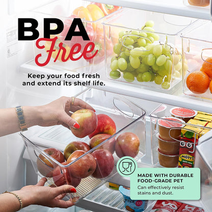 Clear Refrigerator Organizer Bins - Plastic Fridge Organizers - Storage Containers for Organizing Pantry, Cupboard, Cabinet, Freezer, Food, Fruit, Kitchen, Bathroom - Refrigerator Storage Bin set of 4