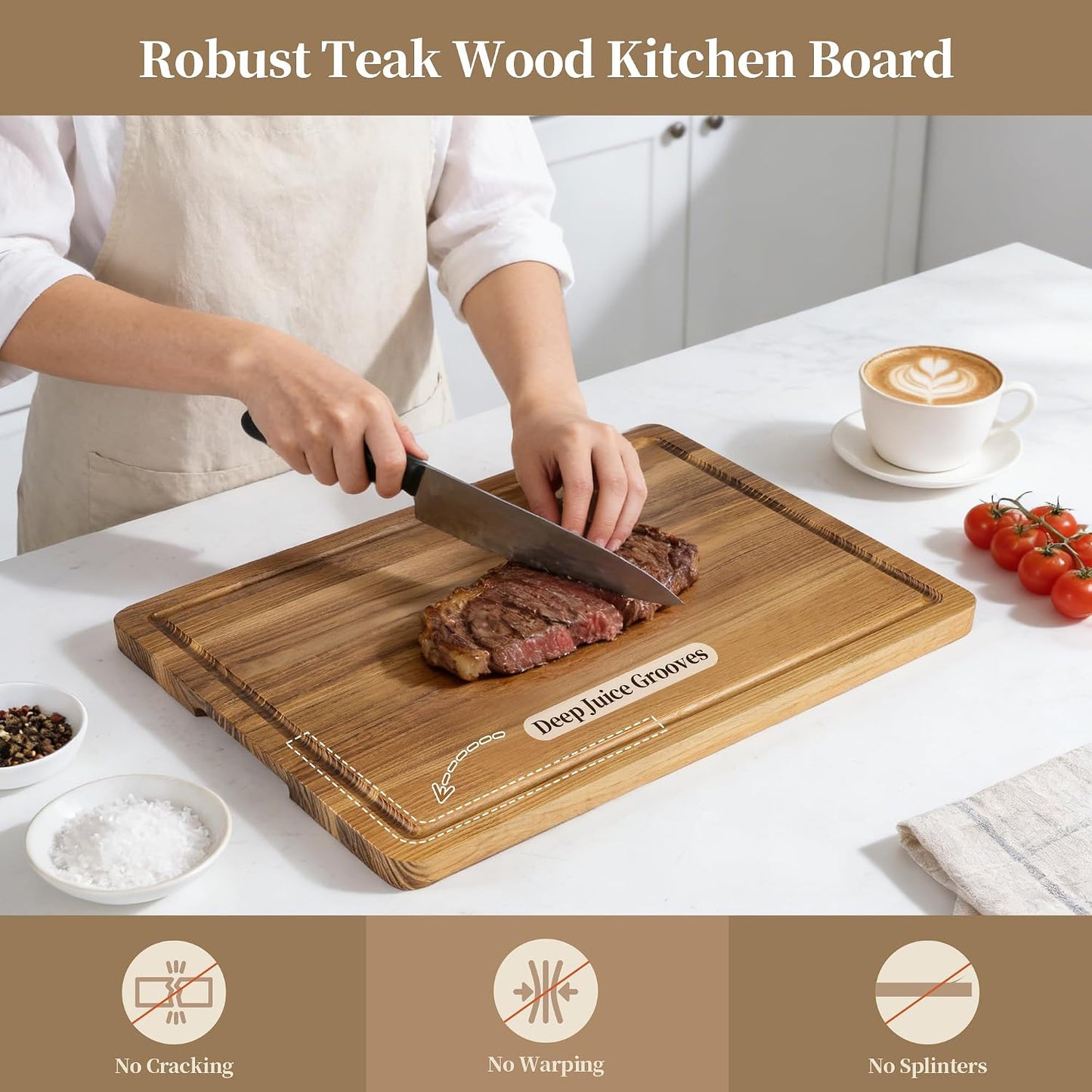 Teak Cutting Board Set for Kitchen - 3 PCS Solid Teak Wood Chopping Board with Holder & Juice Groove, Hardwood Cutting Boards for Meat, Fish, Vegetables, Fruits (Small, Medium, Large)