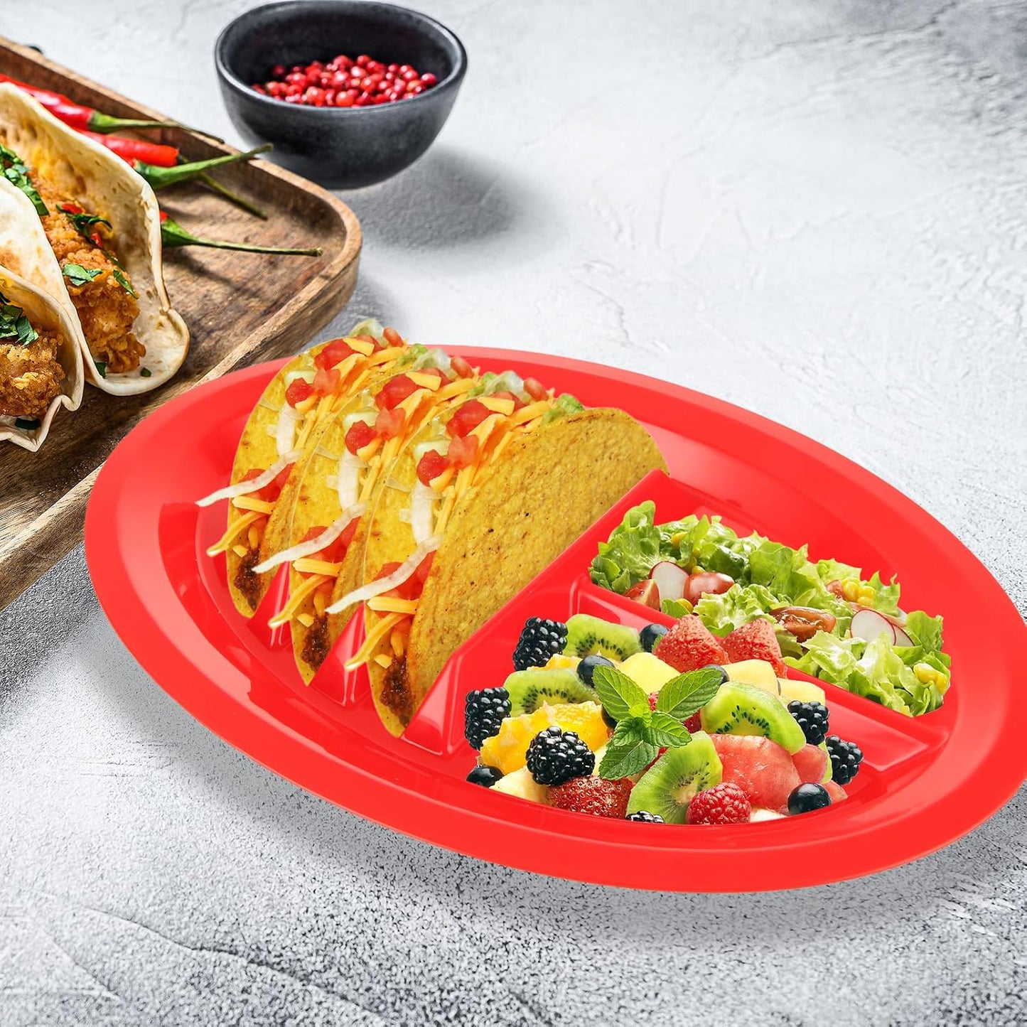 Acrux7 12 Pack Plastic Taco Plates with Dividers, Large Taco Holder Plates, Colorful Taco Trays Microwave & Dishwasher Safe, Hold 3 Tacos, 2 Dipping Areas, Taco Plate for Taco Tuesday Taco Night Party