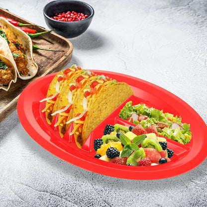 Acrux7 12 Pack Plastic Taco Plates with Dividers, Large Taco Holder Plates, Colorful Taco Trays Microwave & Dishwasher Safe, Hold 3 Tacos, 2 Dipping Areas, Taco Plate for Taco Tuesday Taco Night Party