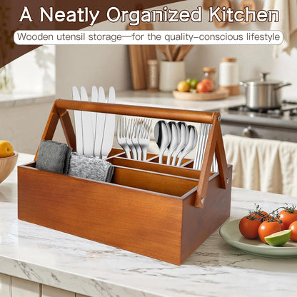 6 Compartments Paper Plate Organizer with Handle for Countertop, Wood Silverware Caddy for Cup, Napkin, Fork and Spoon, Dispenser Stand and Utensil Holder, Cutlery Caddy for Party, Camping, Picnic