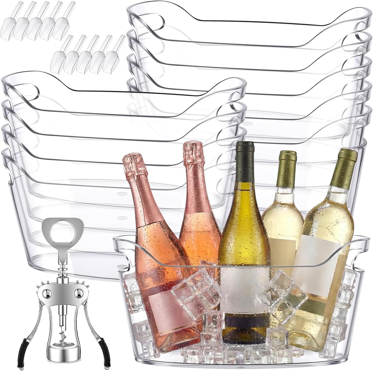 2 Pack 6.5l Ice Bucket for Party, Clear Plastic Champagne Cooler with Ice Scoop & Metal Bottle Opener, Large Portable Drink Beverage Tub for Beer & Mimosa Bar Supplies