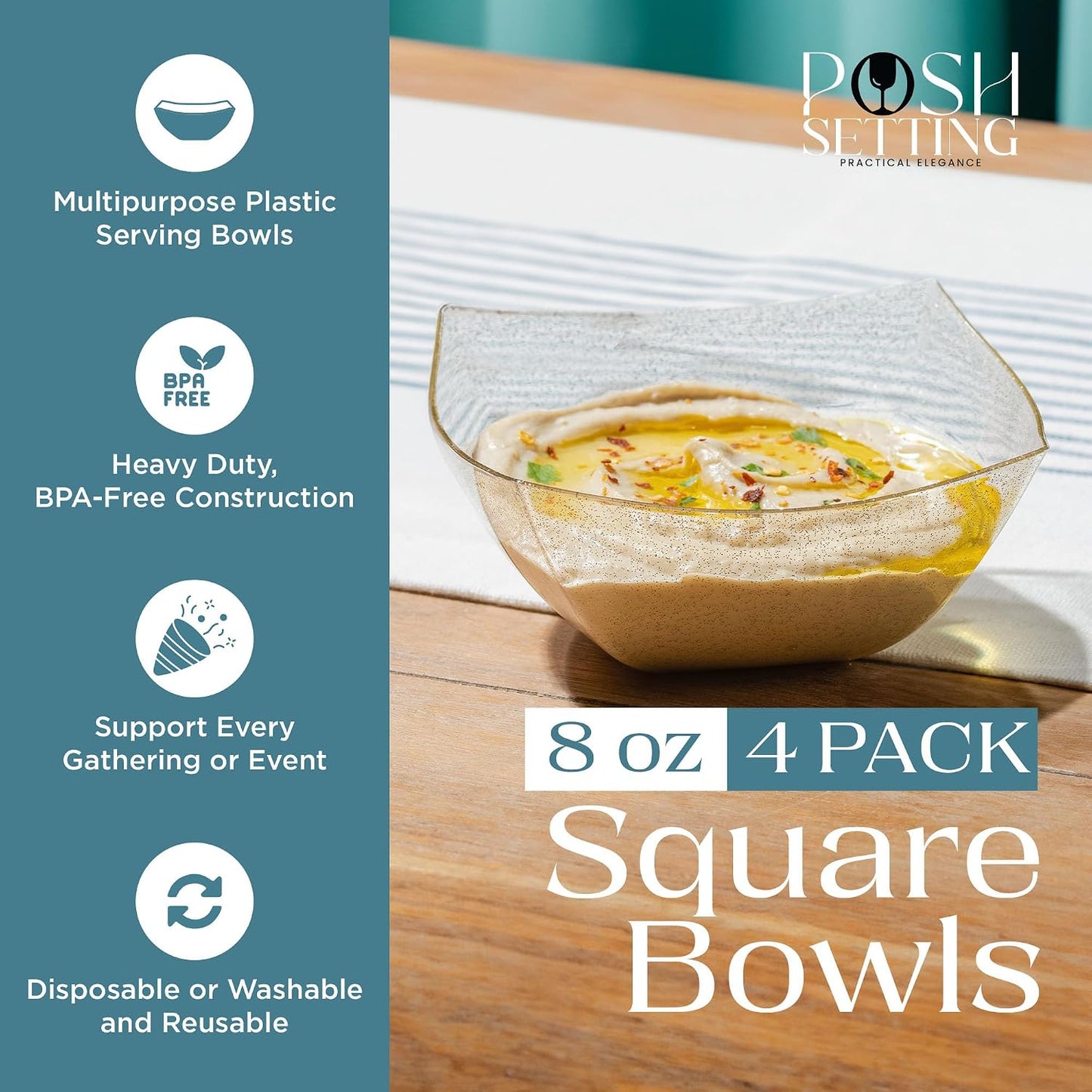 Posh Setting - White Plastic Square Serving Bowls for Party (16oz - 4 Pack), Disposable & Candy Containers for Party Table & Buffet