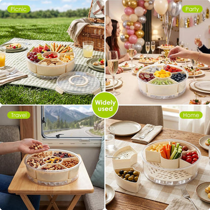 Snack Box Container with Ice Chill Base, 6 Divided Serving Tray with Lid, Handle, Protable Travel Snackle Box Container, Round Veggie and Fruit Tray for Beach, Travel, Picnic, Camping, Kitchen, Party