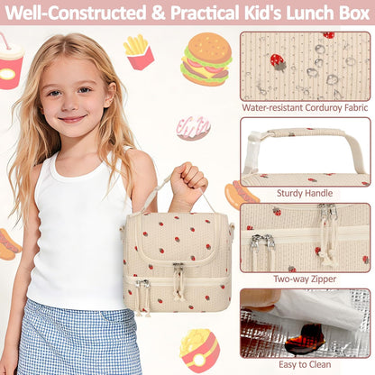 Vankor Corduroy Lunch Box Kids Insulated Lunch Bag Double Decker, Cute Leak-Proof Lunch Box for Boys Girls, Portable Cooler Lunch Bag Thermal Lunch Tote for School Picnic Travel, Light Blue
