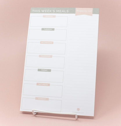 bloom daily planners Weekly Meal Planning Pad - Magnetic Hanging Refrigerator Menu Planner with Tear-Off Sheets & Perforated Grocery Shopping Lists - 6” x 9” (Grey & Pink)