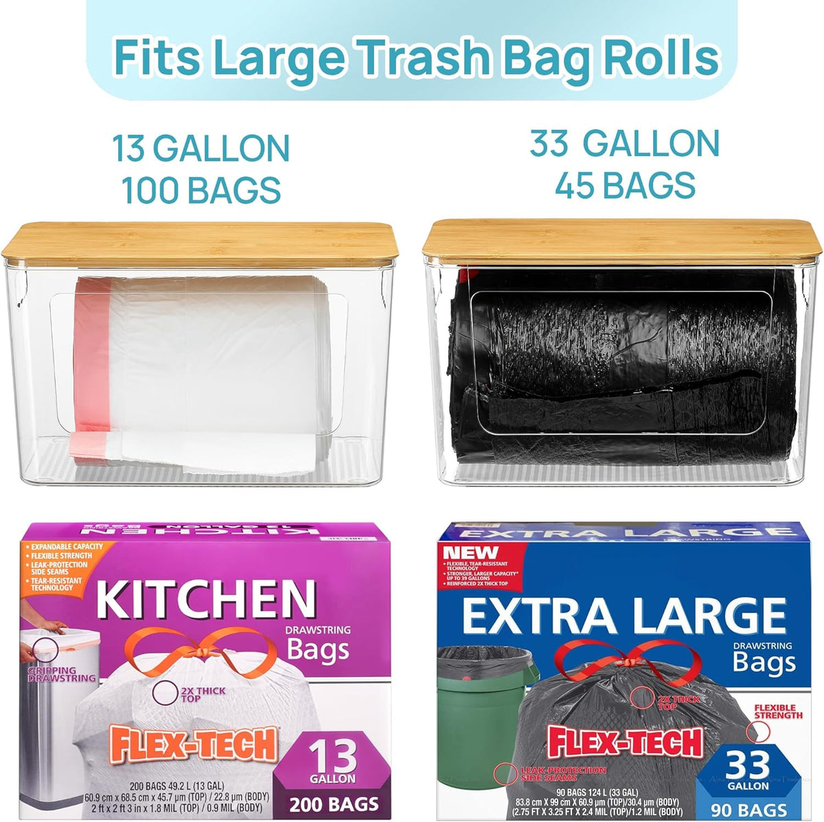 Vtopmart 2 Pack Trash Bag Holder with Bamboo Lid, Stackable Garbage Bag Dispenser for 13/30/33 Gallon Bags, Clear Organizer Bins for Under Kitchen Sink, Laundry Room Organization and Storage