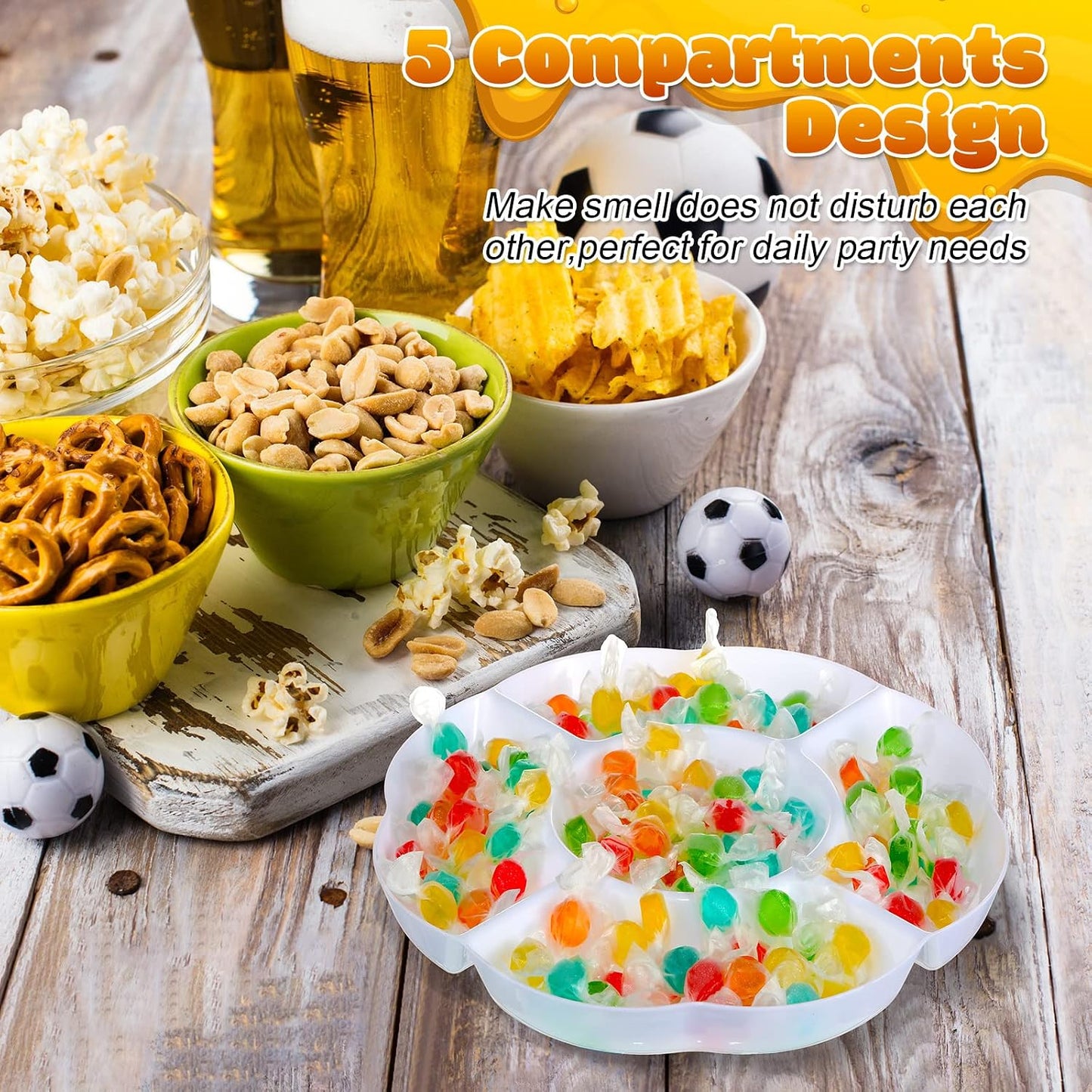 Zopeal 16 Pcs 5 Sectional Plastic Serving Tray Round Chip and Dip Serving Dish 10 Inch Fruit Veggie Platter Appetizer Plate with Dividers for Party Snack Candy Dish Platter(White)