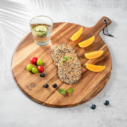 BILL.F Acacia Pizza Peel, Set of 3 Acacia Wood Cutting Board 8" 10" 12" Inch Cutting Board, Cheese Paddle Board, Bread and Crackers Platter for Serving and Minor Food Prepare with Handle and Organizer