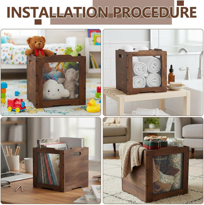 Amyhill 2 Pack Stackable Wood Storage Bins with Metal Wire and Handles 11 x 11 x 11 Inch, Wooden Storage Crate Basket for Shelves Pantry Cube Holder Book Fruit Vegetable Clothes Dark Brown