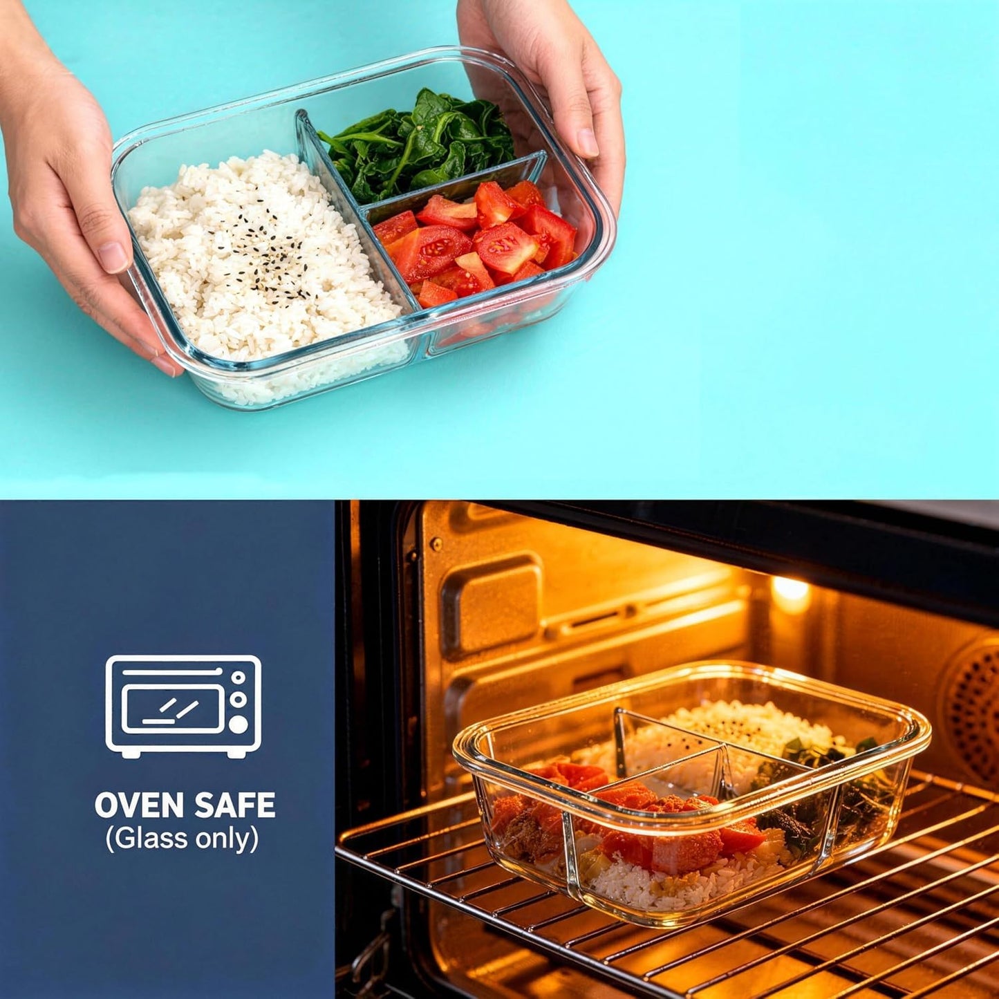 Glass Meal Prep Containers 5 Pack - Lunch Boxes with Leakproof Lids, Food Storage Containers, Bento Boxes, Gray (3 Compartment)