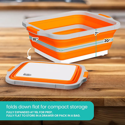 Collapsible BBQ Prep Tub with Lid and Drain Spout, 16L Portable Meat Marinating and Grilling Tray, Cutting Board Food Storage Container for Outdoor Cooking, Camping, Tailgating and Kitchen Prep