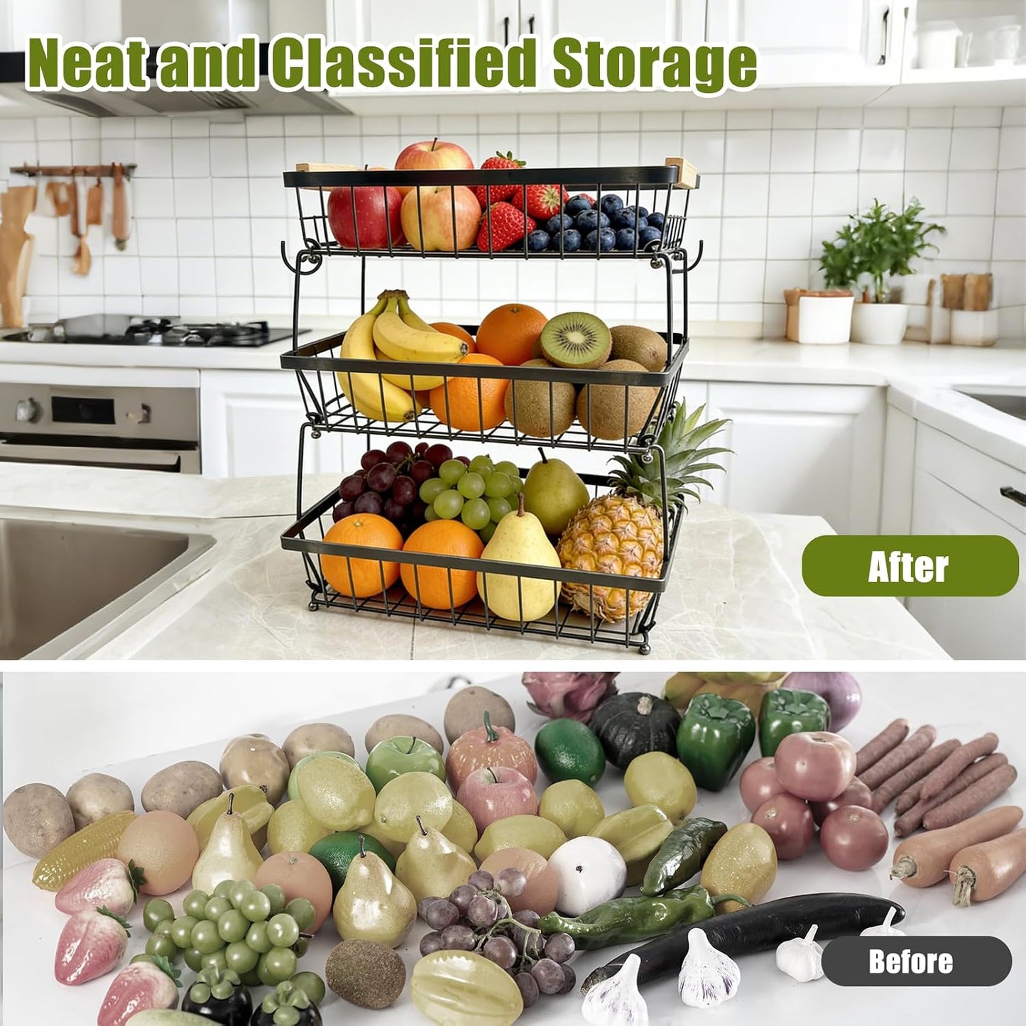 2 Tier Fruit Basket for Kitchen Counter, Large Fruit Holder with 2 Banana Hooks, Detachable Metal Fruit Stand with Wooden Handle, Kitchen Storage Cart,Vegetable Basket, Snack Rack