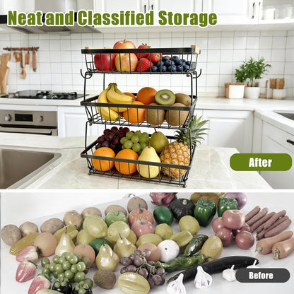 2 Tier Fruit Basket for Kitchen Counter, Large Fruit Holder with 2 Banana Hooks, Detachable Metal Fruit Stand with Wooden Handle, Kitchen Storage Cart,Vegetable Basket, Snack Rack