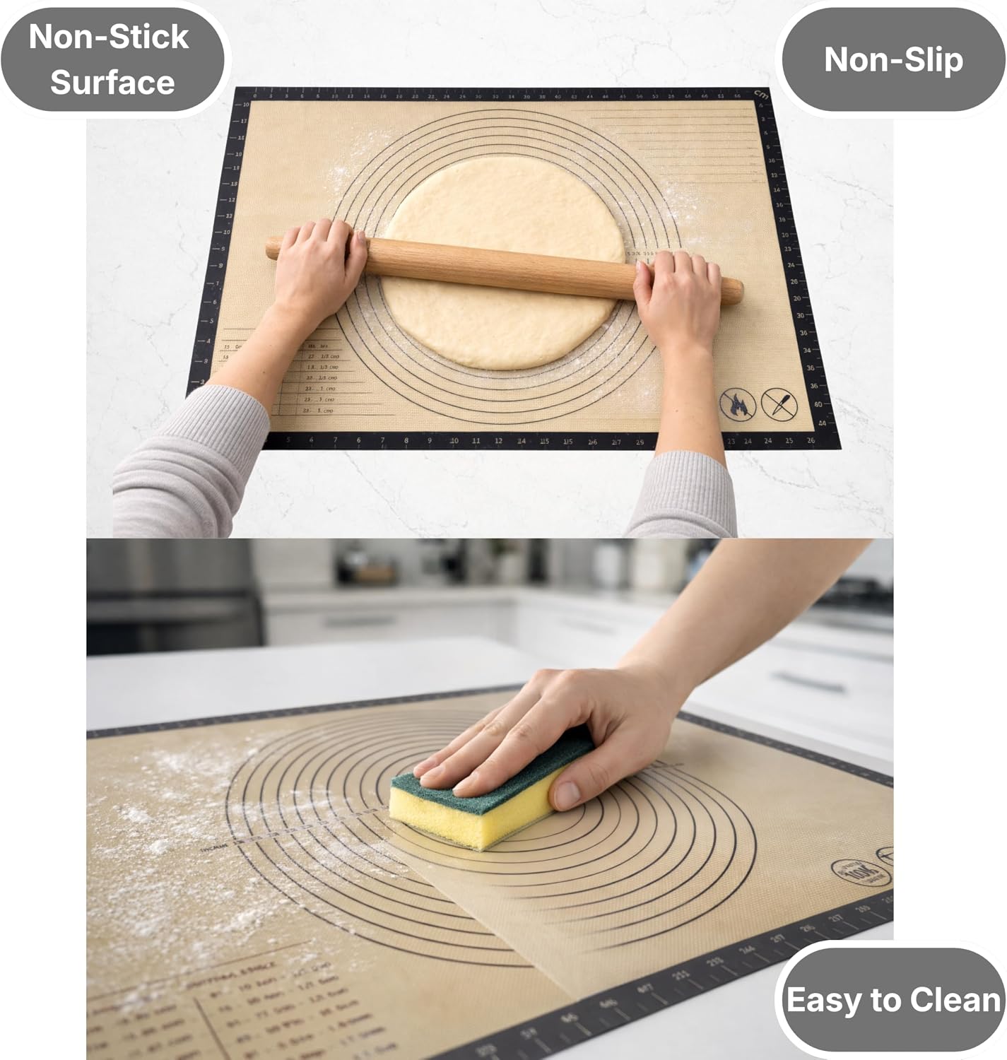 Silicone Pastry Mat with Measurements, 28 x 20 Inch Extra Thick Non-Slip Nonstick XL Baking Mat for Dough Rolling, Kneading, Fondant and Pie, Red