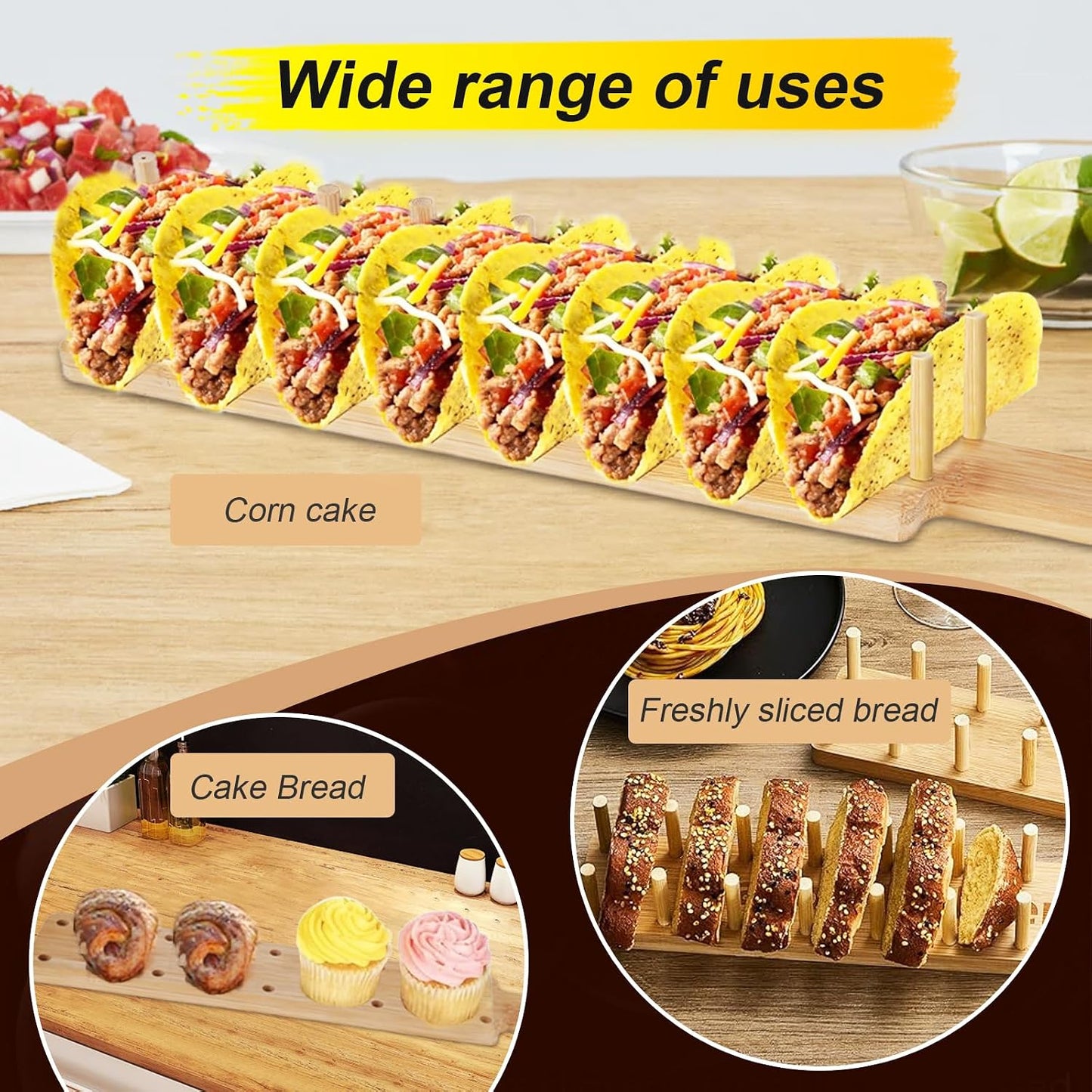 YeeBeny Wood Taco Holder, Bamboo Taco Holders, Each Holds 8 Tacos Each Taco Tray, Taco Holder with Taco Rack for Tortillas Burritos Charcuterie(2 Set)