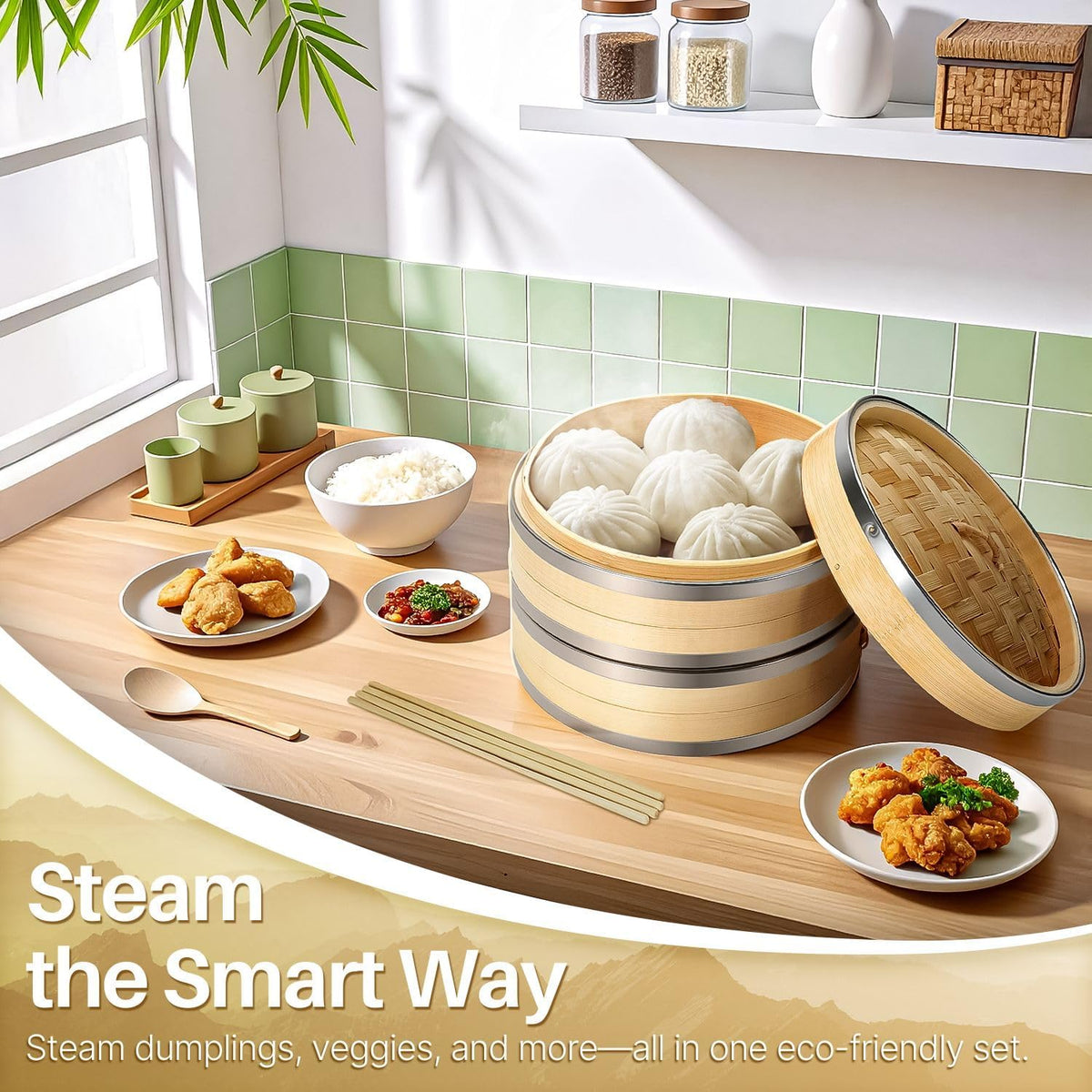 Flexzion Bamboo Steamer Basket Set (8 inch), 50 x Steamer Liners and 2 Pairs of Chopsticks, Steam Baskets for DimSum Dumplings, Rice, Vegetables, Fish and Meat