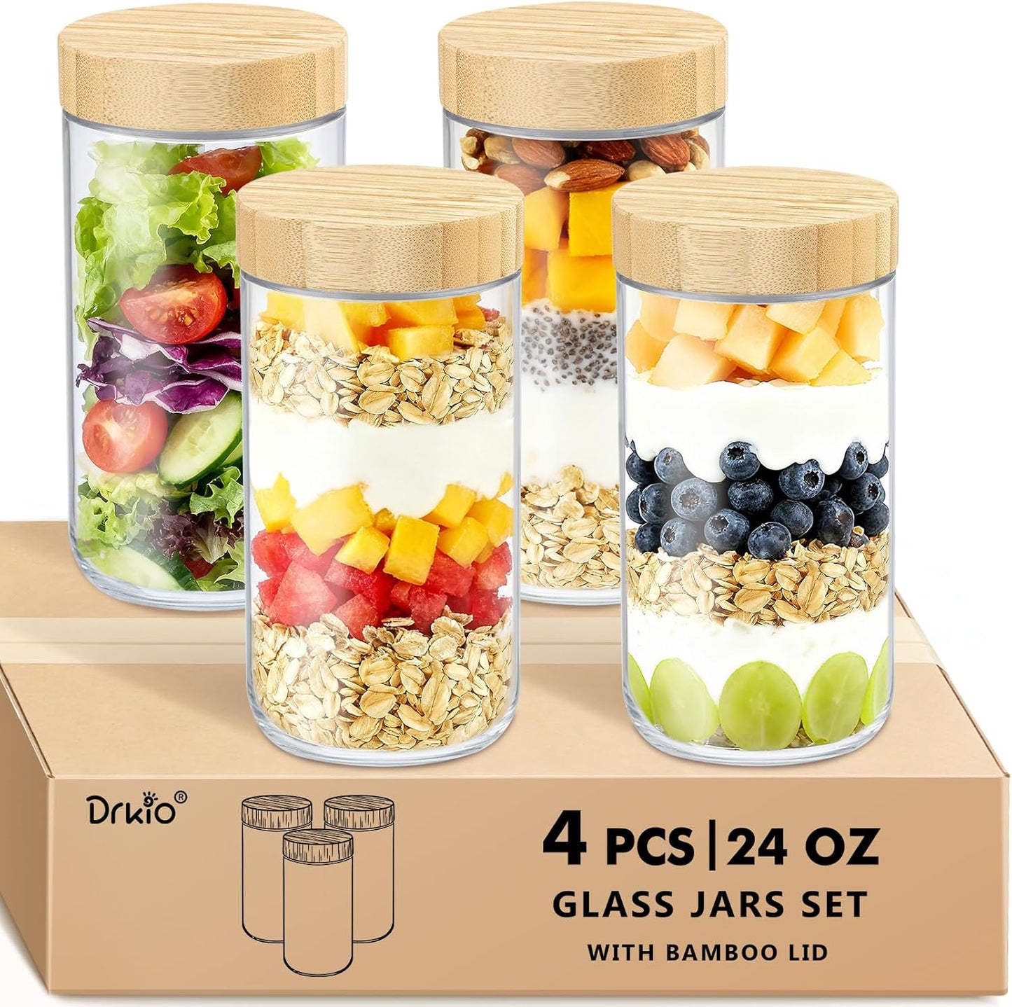 DRKIO 10 Oz Overnight Oats Containers with Bamboo Lids - 4 Pack Glass Storage Jars with Airtight Lids Wide Mouth Mason Food Jars Great for Meal Prep Salad Chia Pudding Snacks Yogurt Sugar Spice