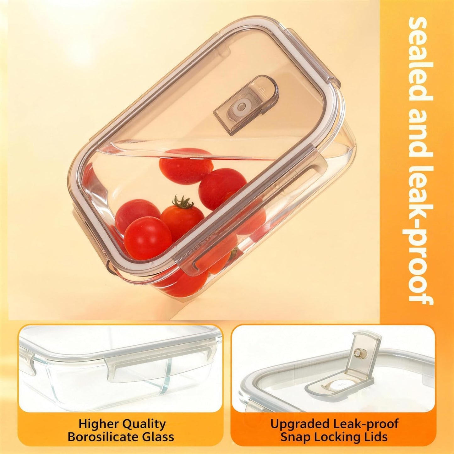 Glass Meal Prep Containers 5 Pack - Lunch Boxes with Leakproof Lids, Food Storage Containers, Bento Boxes, Gray (3 Compartment)