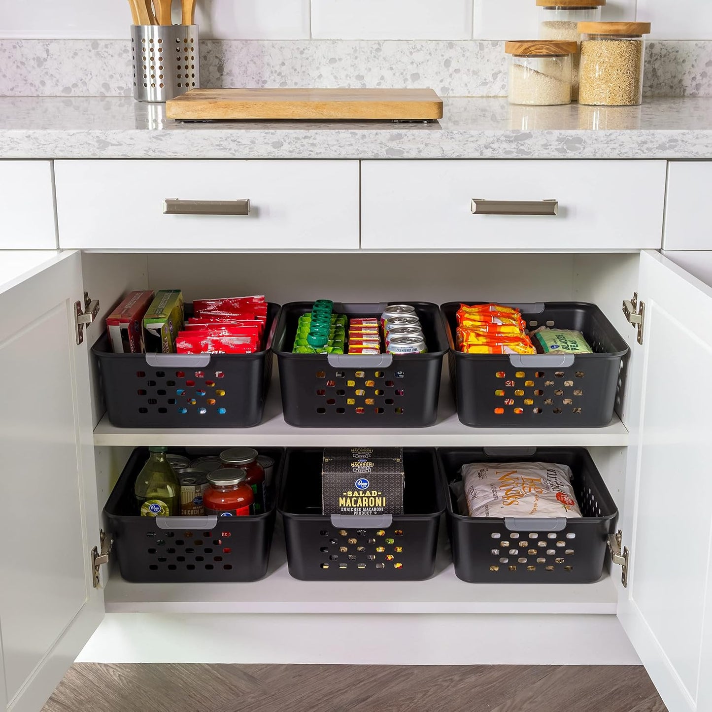 IRIS USA Plastic Storage Baskets, 6-Pack, Made in USA, Shelf Baskets Small Baskets Organizing Bins for Pantry Countertops Closet Shelves Laundry Room Office, Multi-Purpose, Nestable, Easy Carry, Black