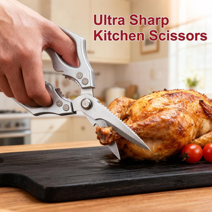 Heavy Duty Kitchen Scissors, High Carbon Stainless Steel Poultry Shears, Ultra Sharp Multi-Purpose Food Cutter with Jar Opener and Large Ergonomic Handles for Chicken, Meat, and BBQ