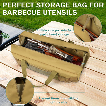 Grill Tool Storage Bag, Large Grill Utensil Storage Caddy with Pockets, BBQ Tools Storage Bag for Outdoor Camping(Brown)